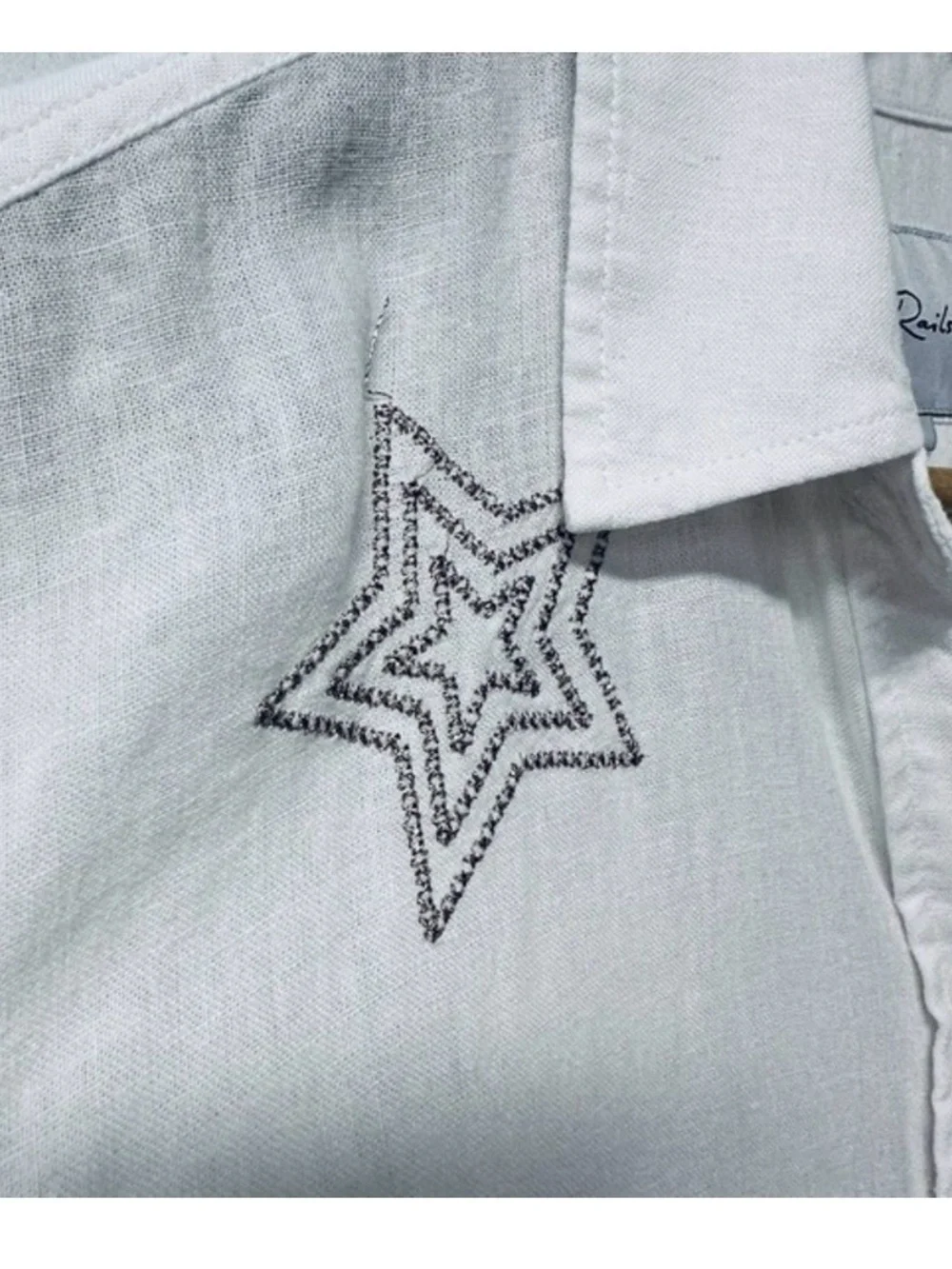 Rails Charli button down metallic gold star white linen blend top, small - Picture 8 of 13
